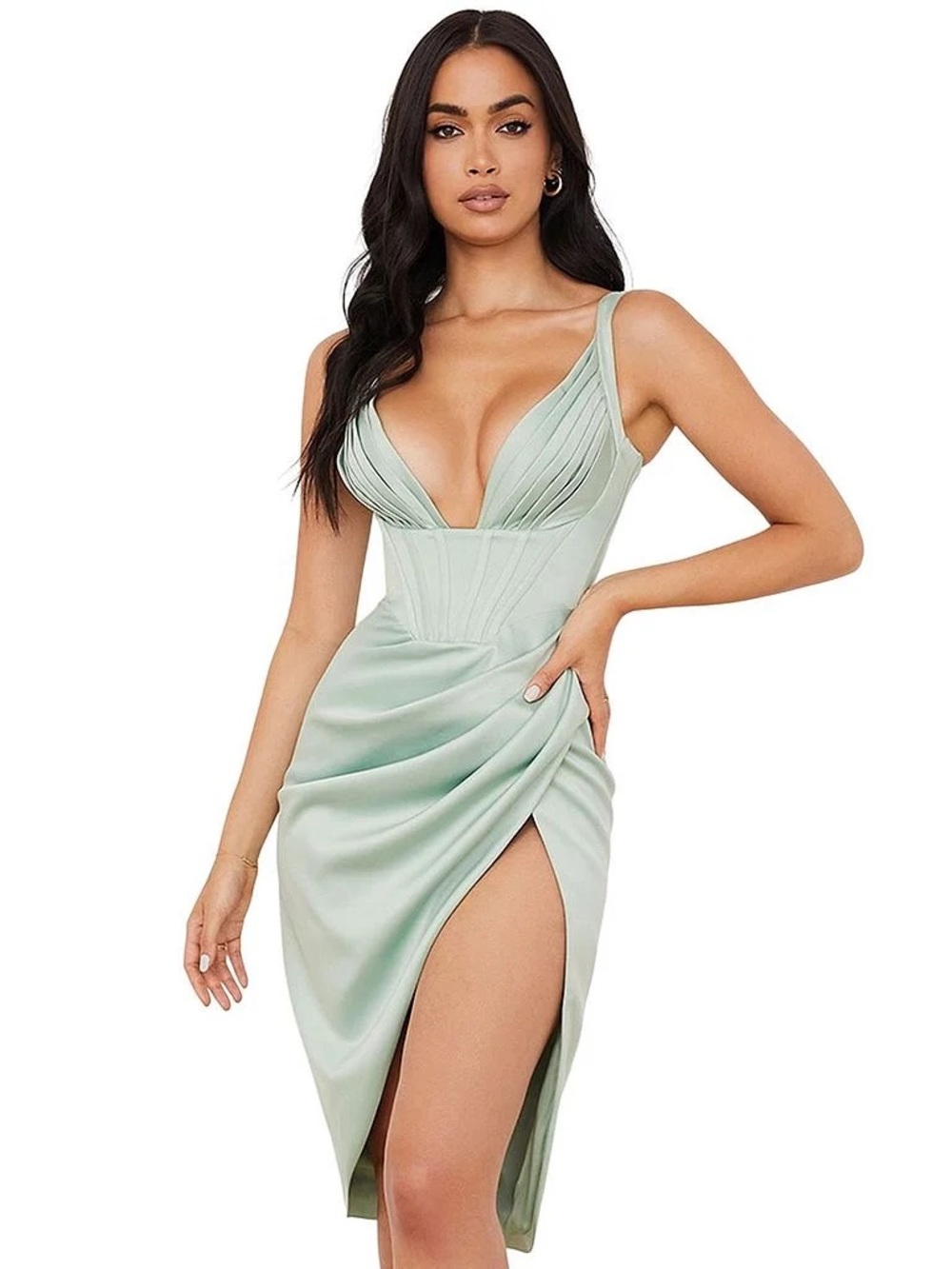 House of CB Mint Satin Plunge Midi Dress